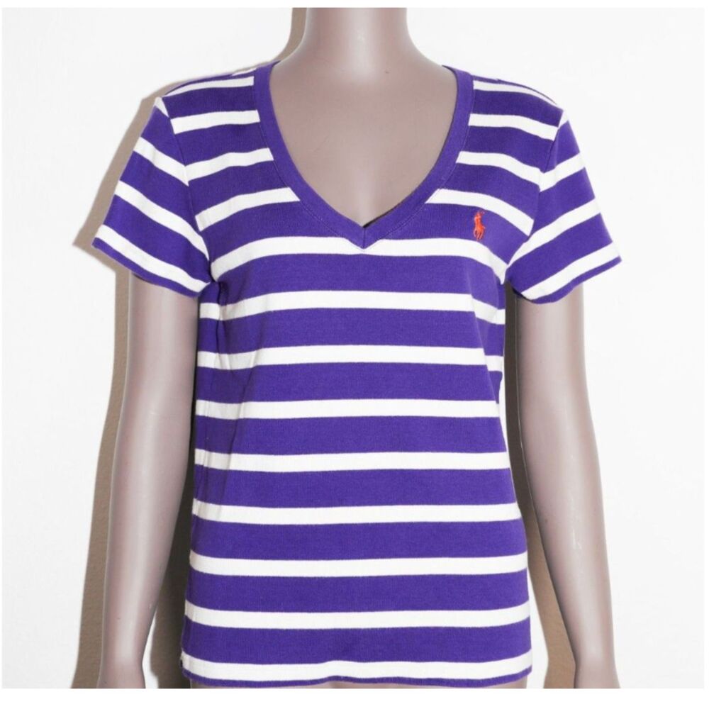 Ralph Lauren Cotton Purple White Stripe V Neck Tee Pony Logo‎ Size M